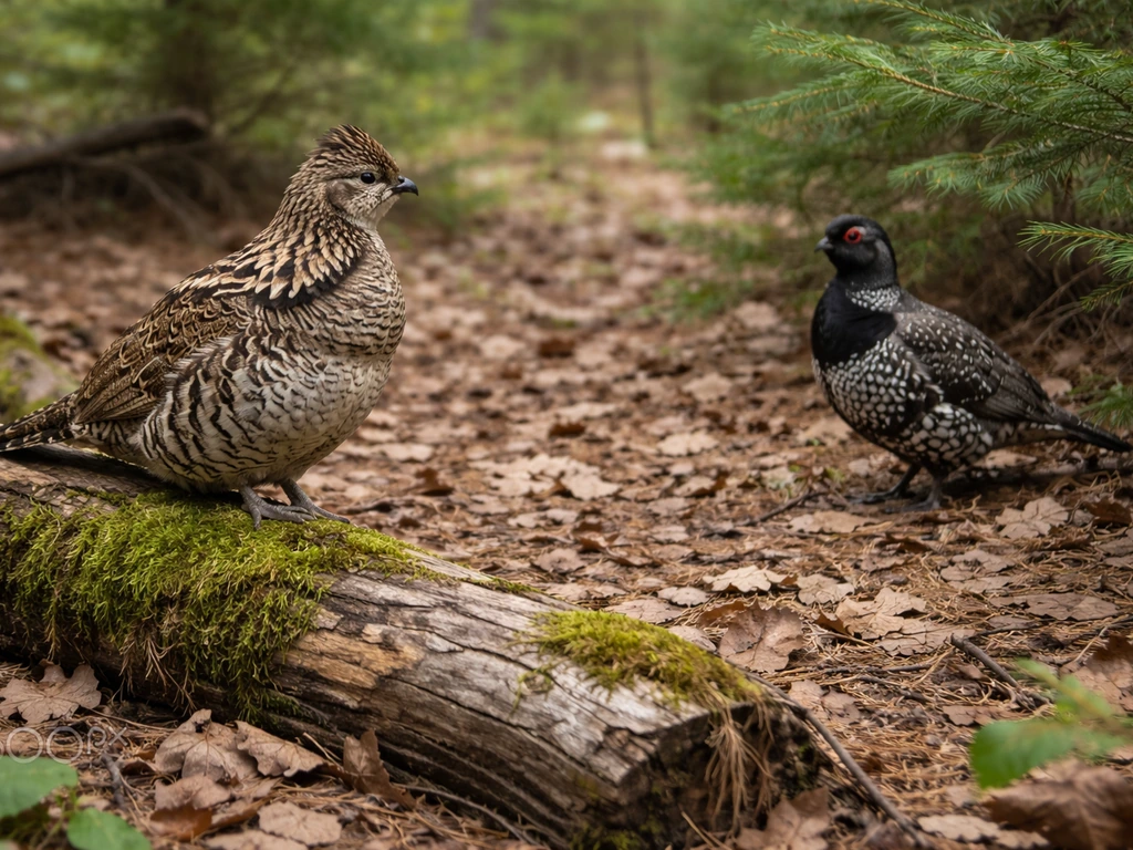 Two different grouse species perched in a quiet forest, shown clearly for visual comparison.