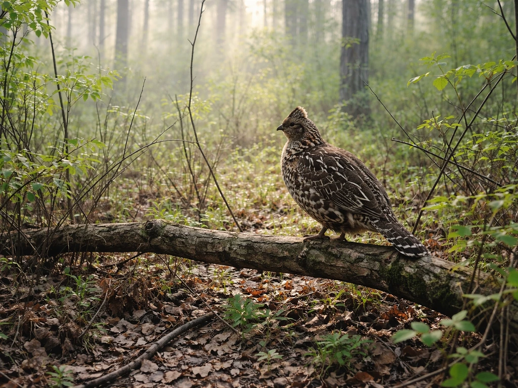 Ruffed grouse perched in brushy young woodland in Pennsylvania-style forest edge habitat.