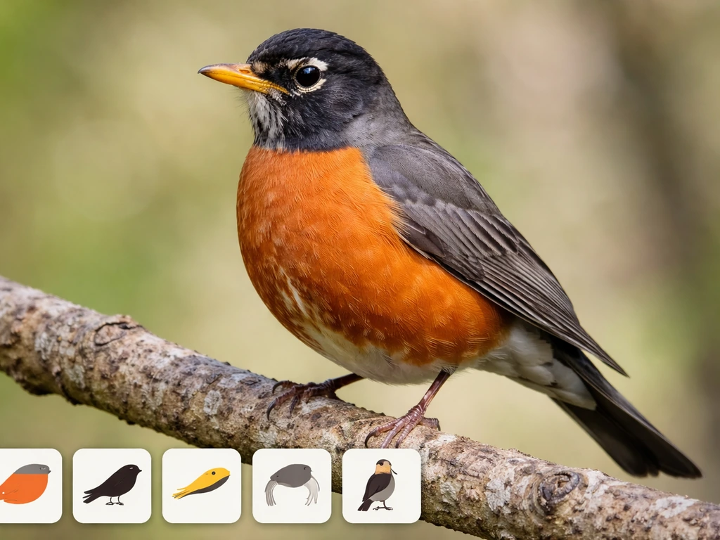 Close-up robin with visible orange belly, dark wings, yellow beak, and a partial white eye-ring plus small feature marke