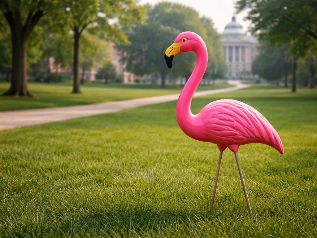 A glossy pink plastic flamingo on a green Wisconsin lawn with distant campus buildings in the background.