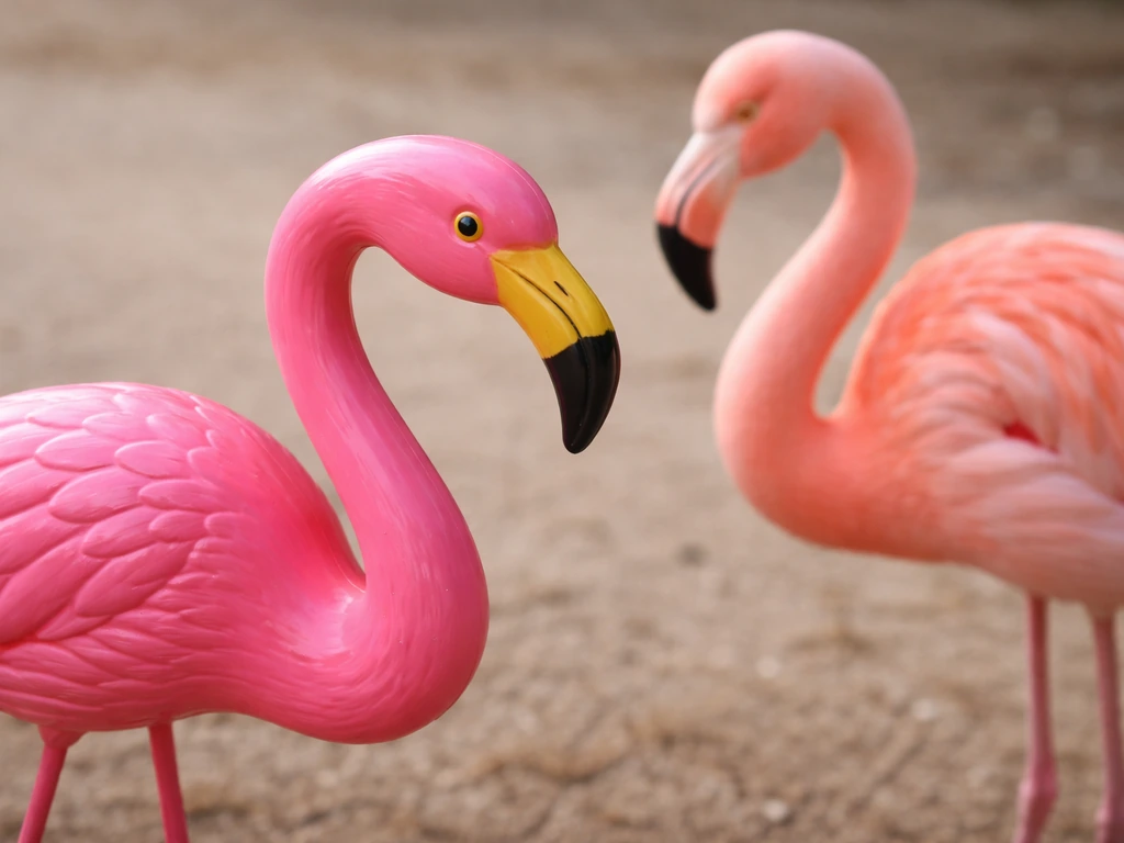 Close-up comparison of a pink plastic flamingo ornament beside a real American flamingo in natural light.