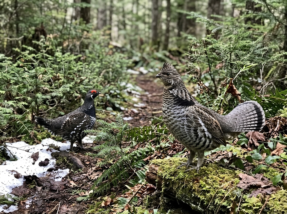 Side-by-side field photo comparison of ruffed grouse markings versus a similar woodland species.