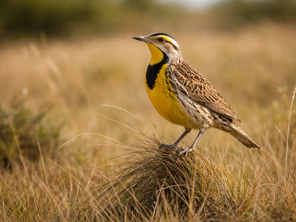 Western meadowlark perched on grass in open countryside at golden hour.