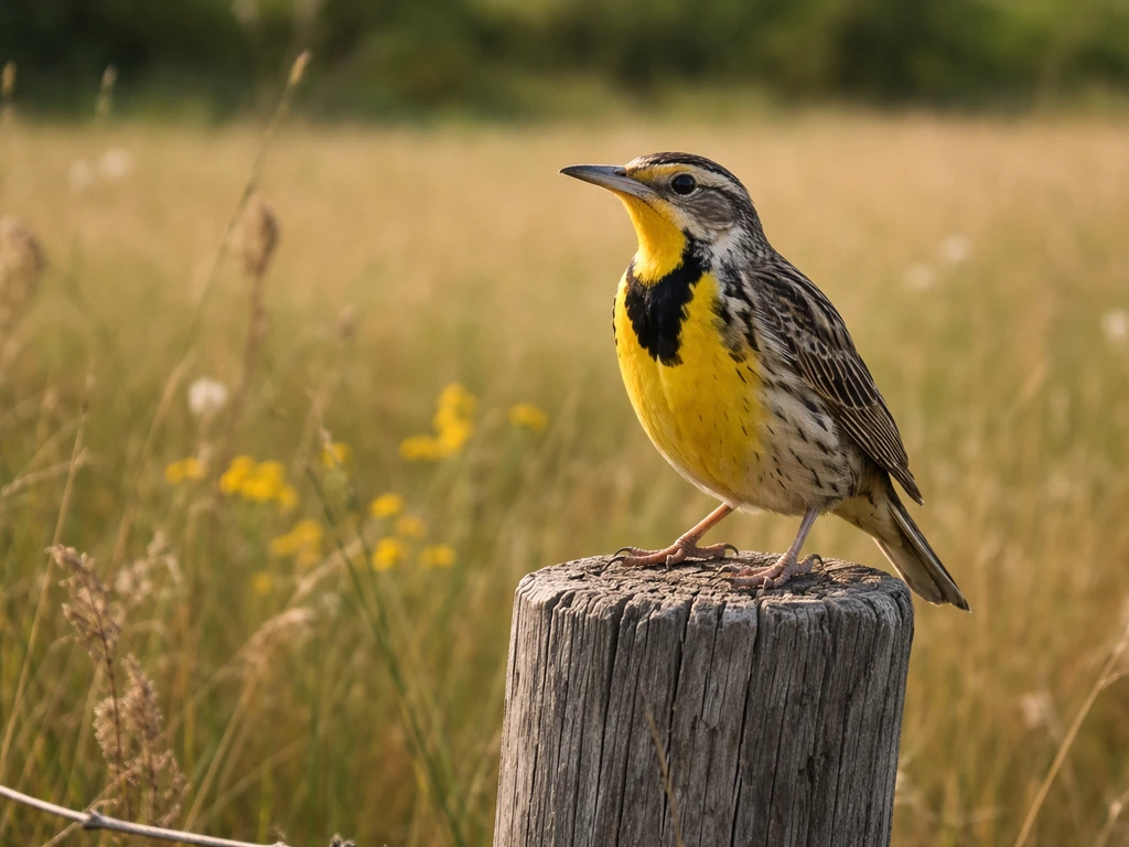 Western Meadowlark perched on a fence post with a bright yellow breast and bold black chest “V”