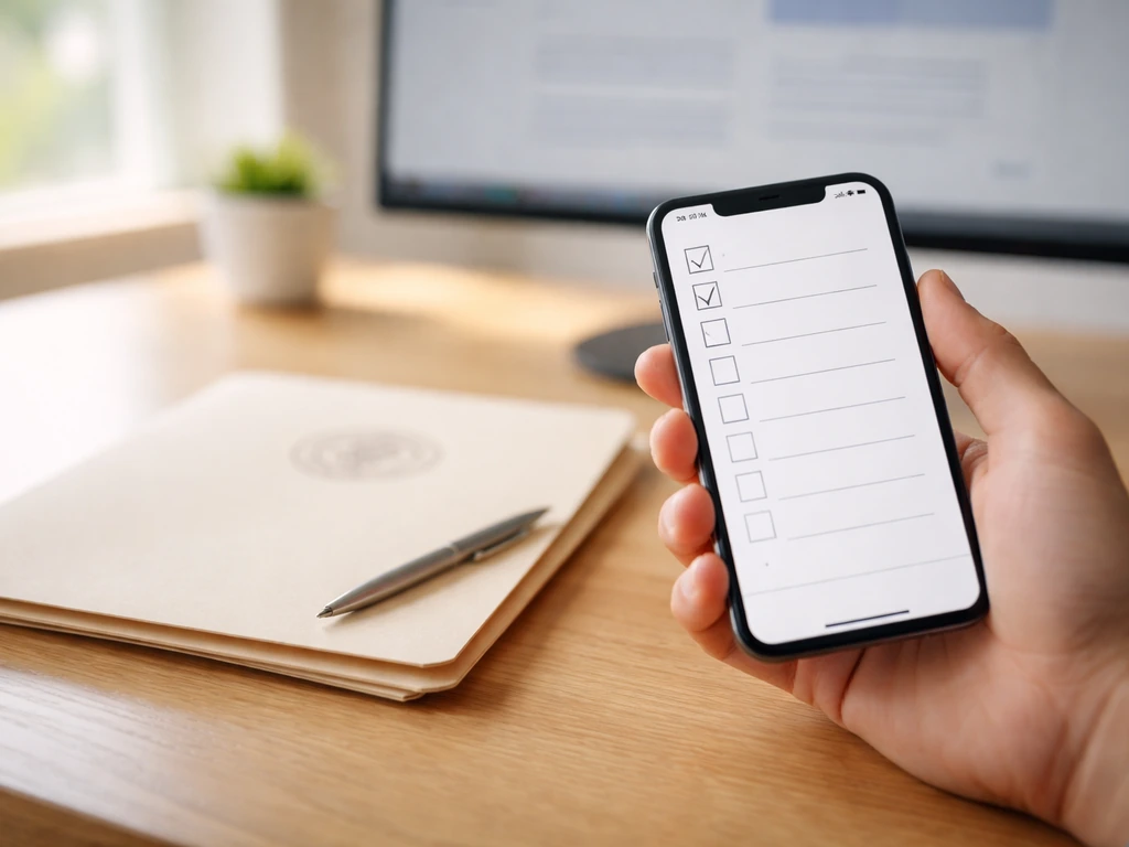 Hand holding a phone showing a simple checklist while seated at a desk with an official-looking state seal folder