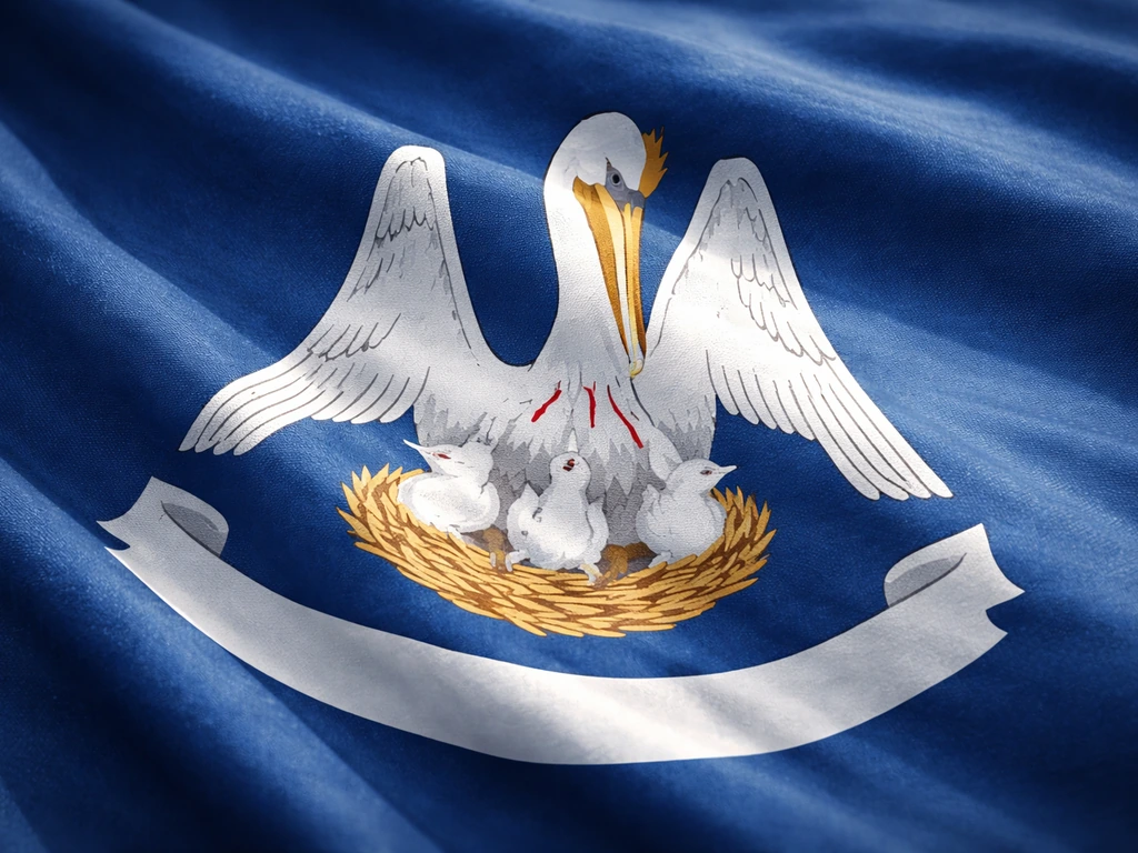 Close-up photo of the Louisiana state flag with the brown pelican centered on the blue field.