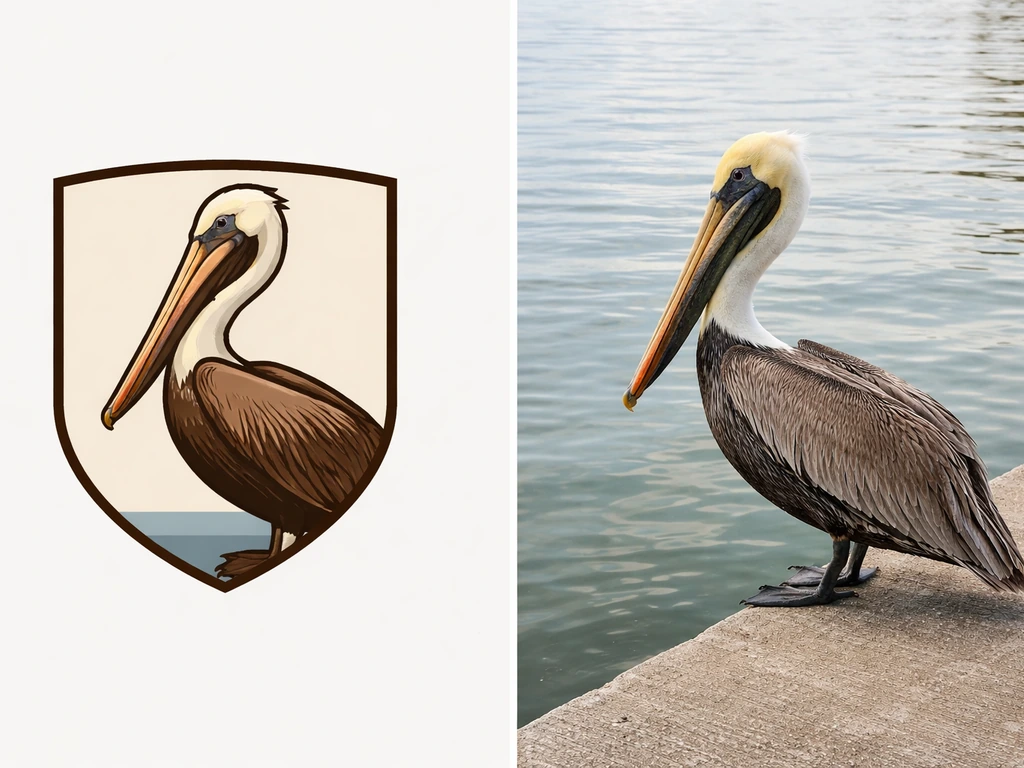 Split view showing a stylized flag-style brown pelican crest beside a real brown pelican on the water.