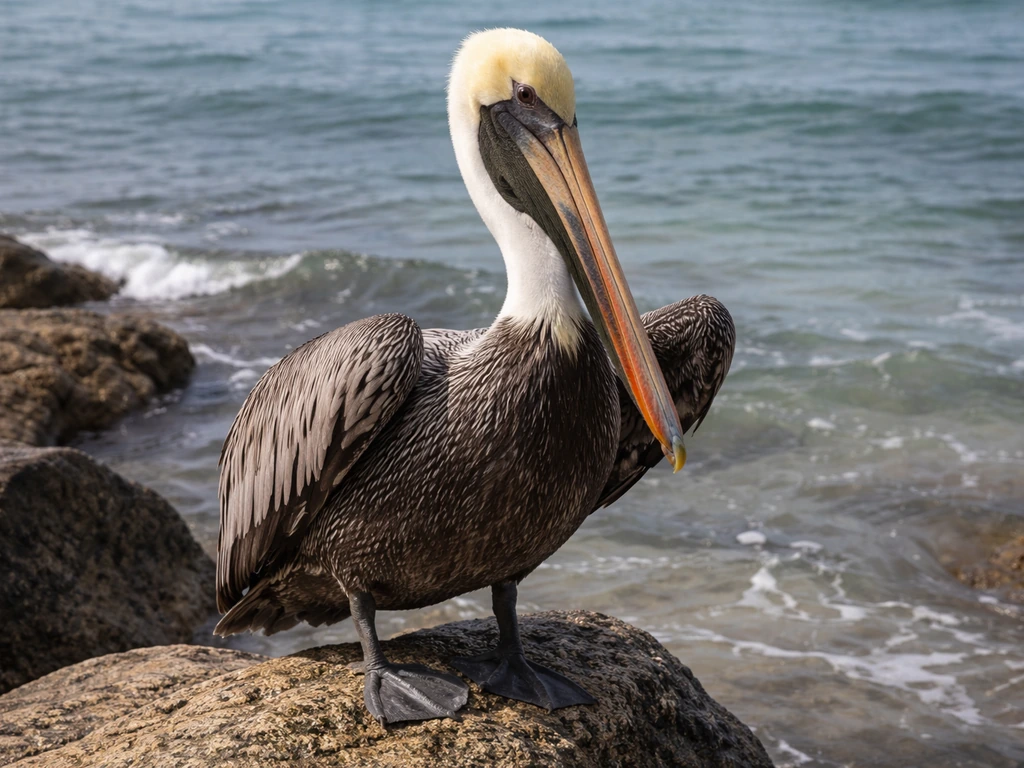 Brown pelican perched on a rocky shore showing white head and dark brown body