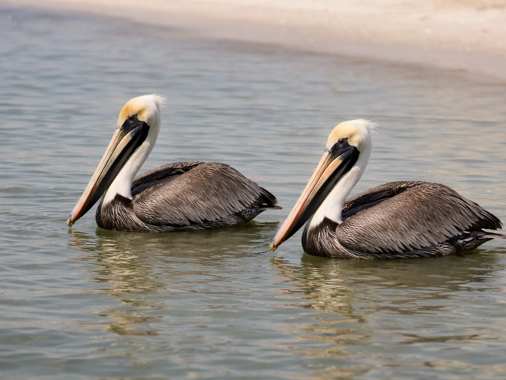 Two brown pelicans floating side by side on calm coastal water, showing their distinctive hooked bills and pouches.
