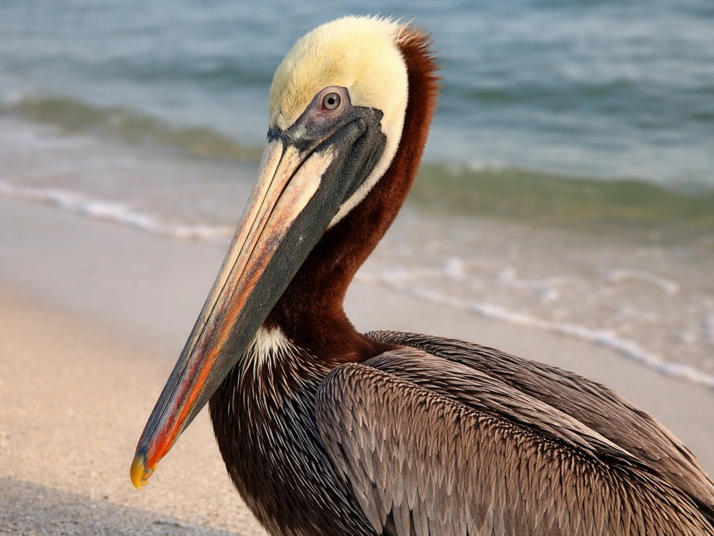 Close-up of a brown pelican showing dark plumage with lighter head and chestnut neck tones.