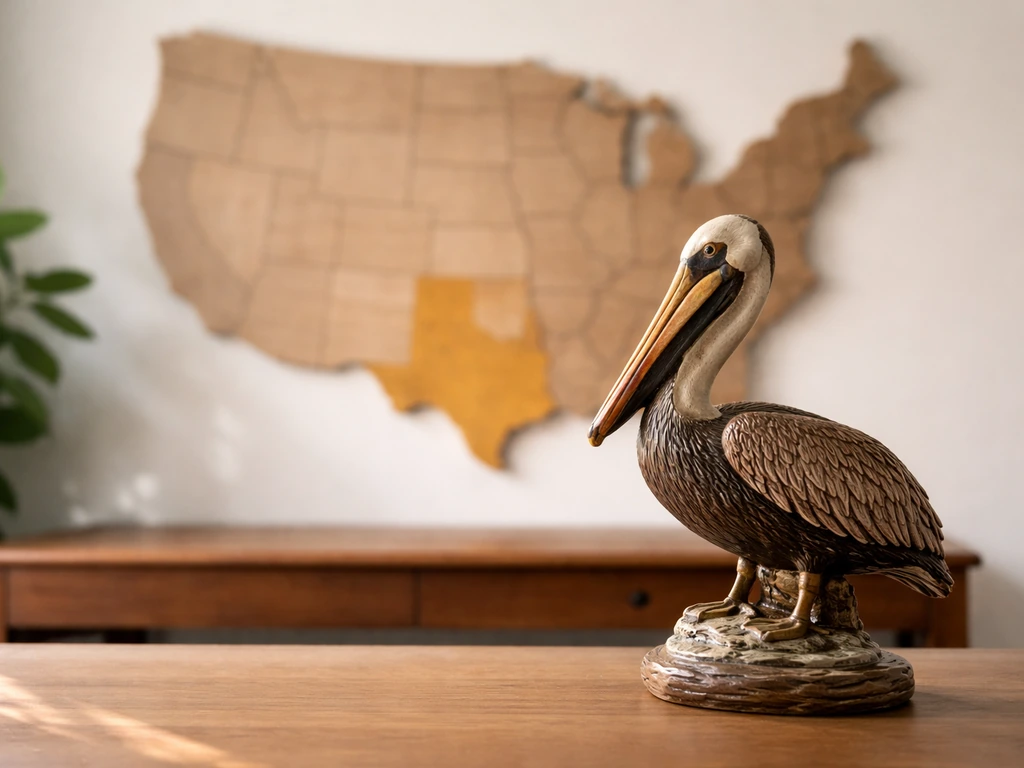 Minimal desk scene suggesting Louisiana’s unique status with a brown pelican figure and a softly highlighted silhouette.