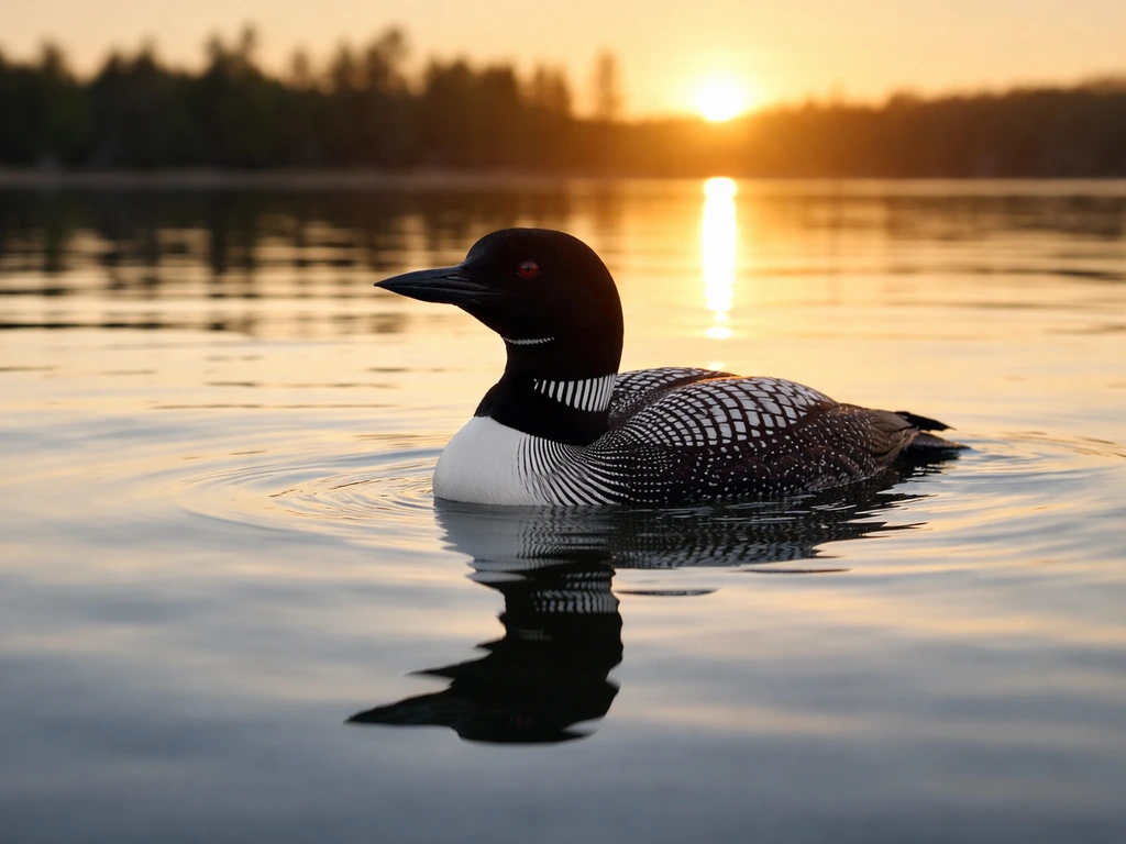 Common loon swimming on a calm Minnesota lake at golden hour with a clear reflection in the water