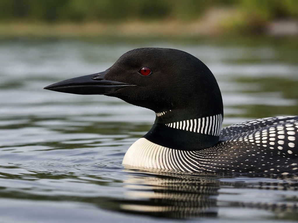 Common loon in breeding plumage with black bill and red eye, side profile on a calm lake