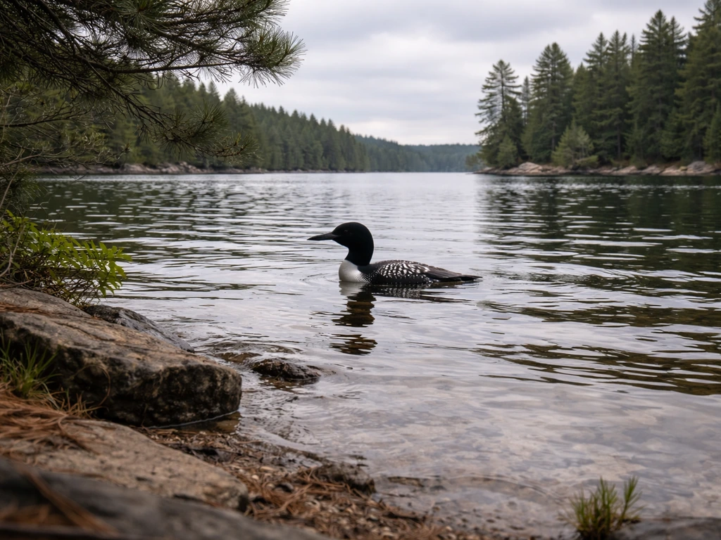 Common loon floating on a calm Minnesota lake near a natural shoreline