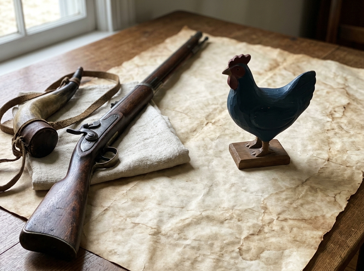 Revolutionary War–themed display with musket props and a blue hen figurine