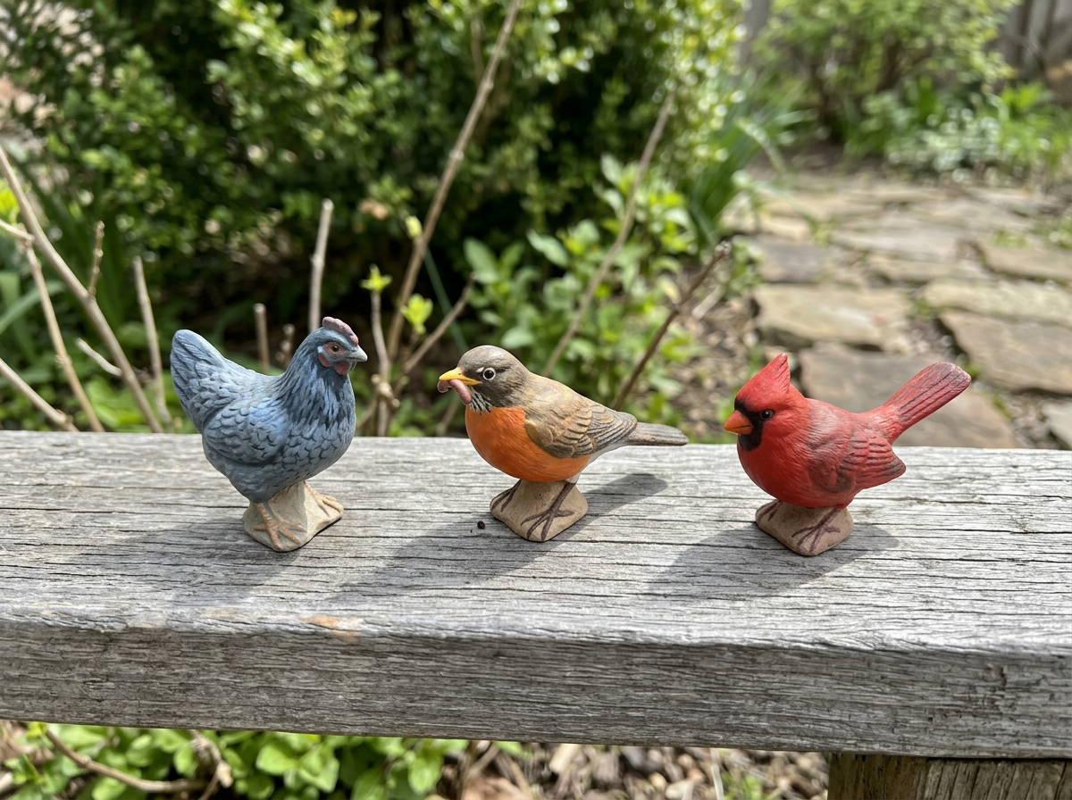 Blue hen compared with other state birds using small figurines side-by-side