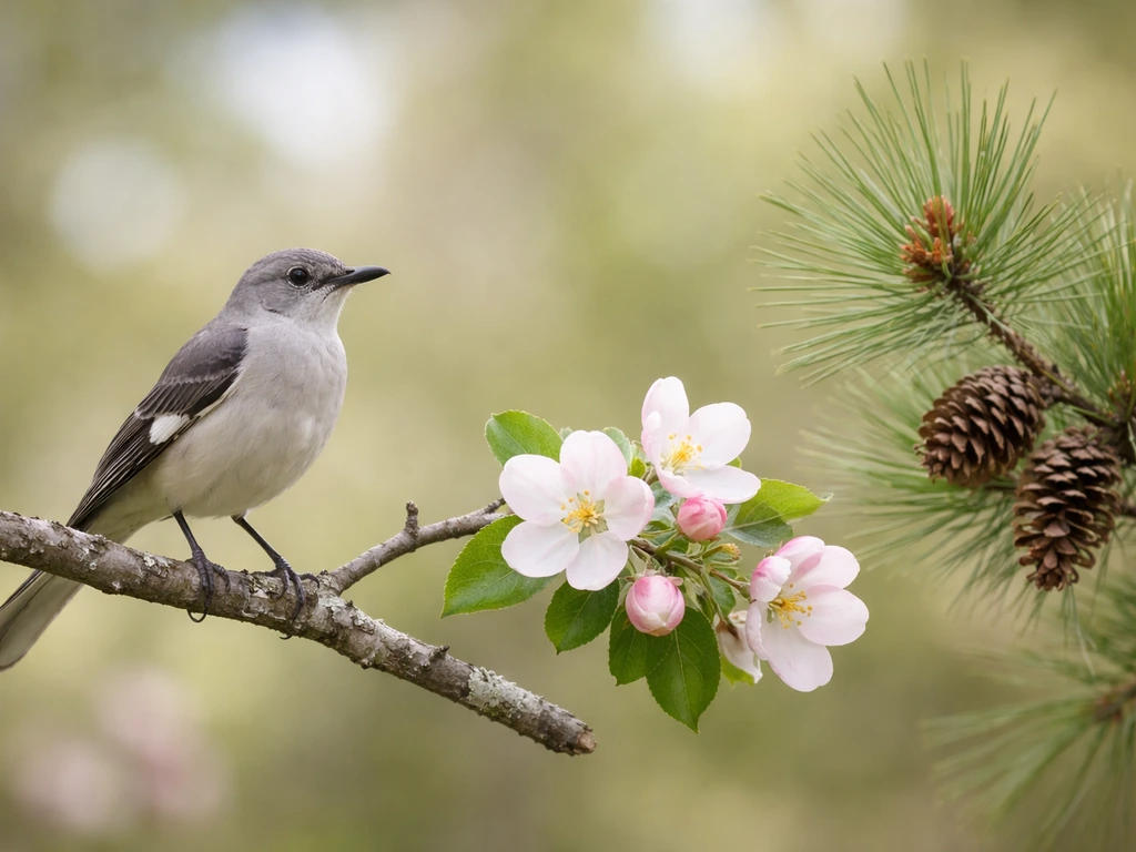 Northern Mockingbird, apple blossoms, and loblolly pine arranged together against a soft outdoor background.