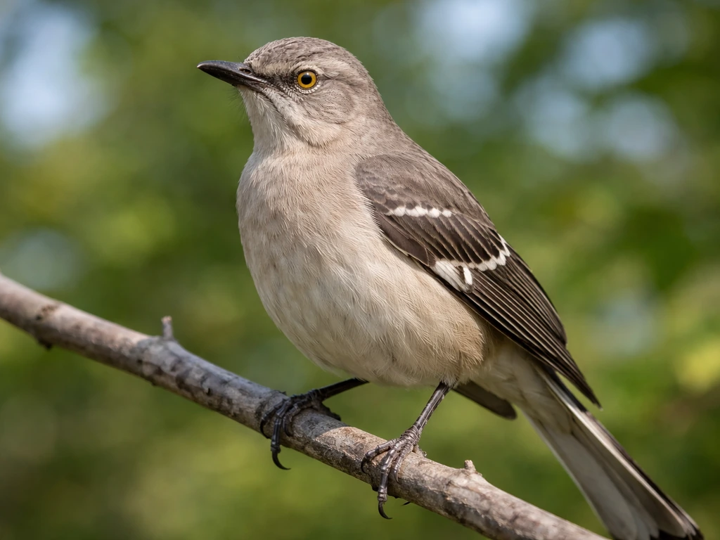 Northern Mockingbird close-up perched, showing gray-brown back and pale gray/whitish belly
