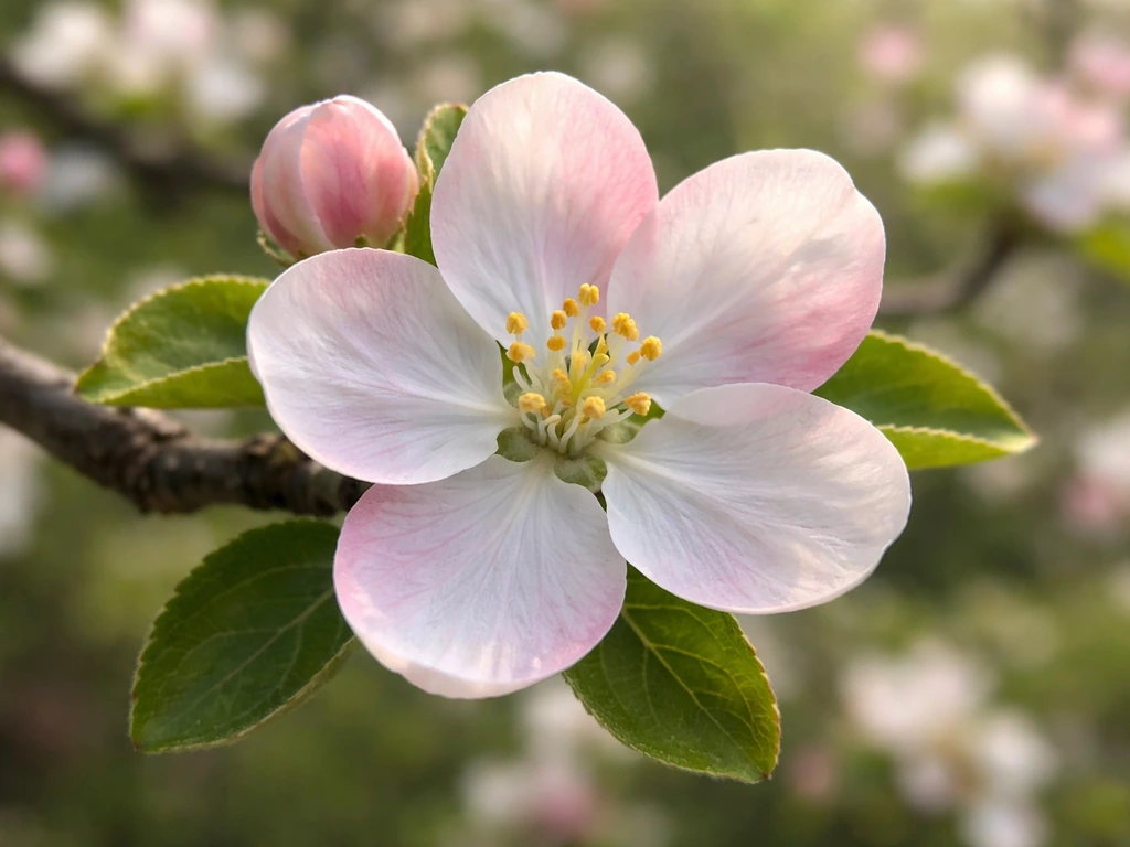 Close-up of an Arkansas apple blossom with five rounded, slightly cupped white petals and hints of pink bud.