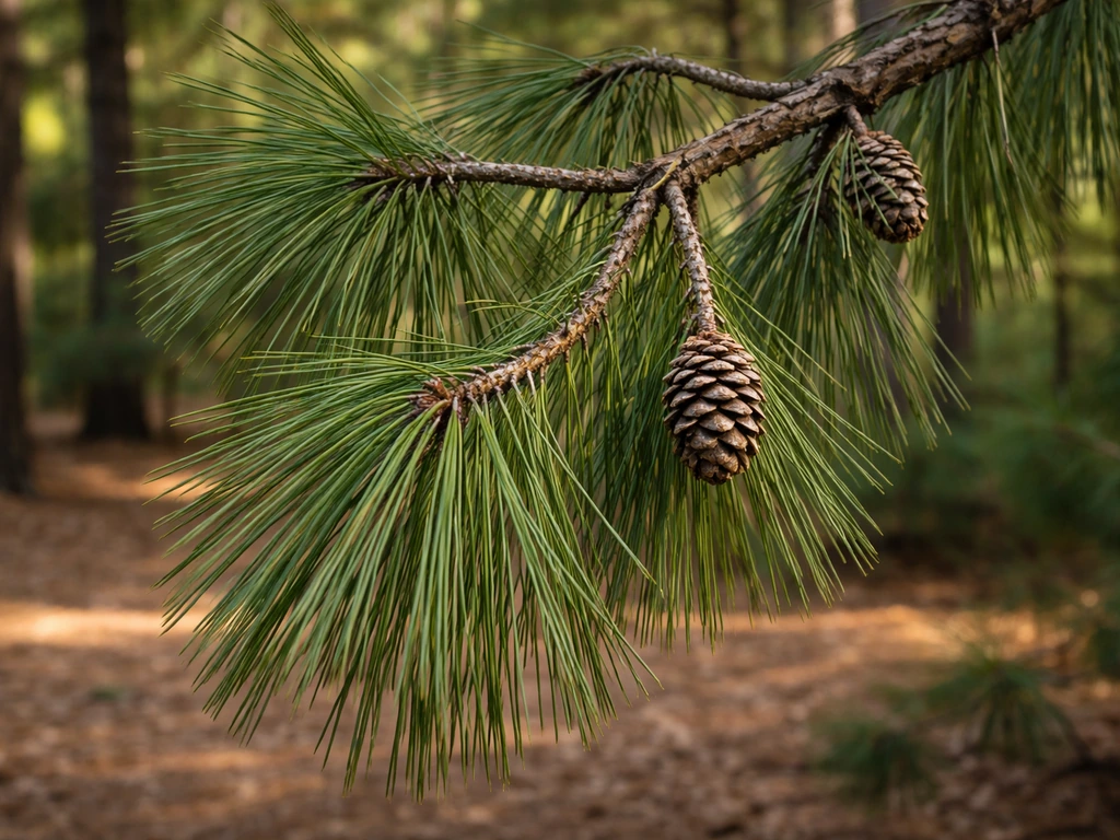 Loblolly pine branch with needle clusters and small cones on a forest floor in natural light