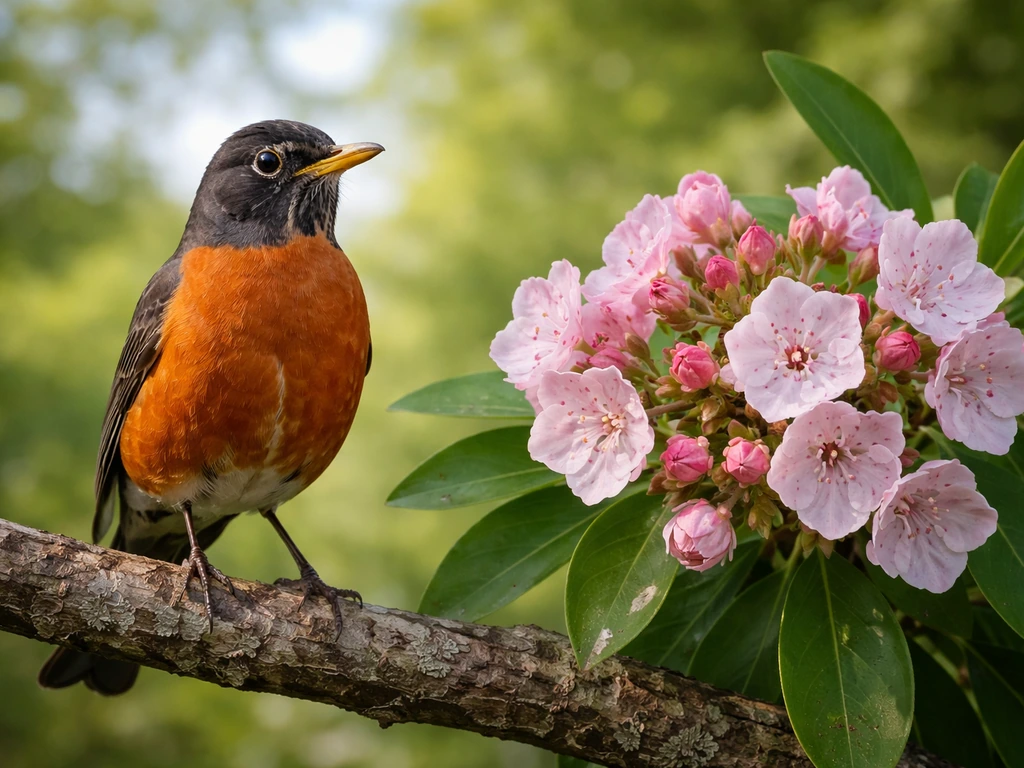 American Robin perched beside Mountain Laurel blossoms in a minimal, natural setting.