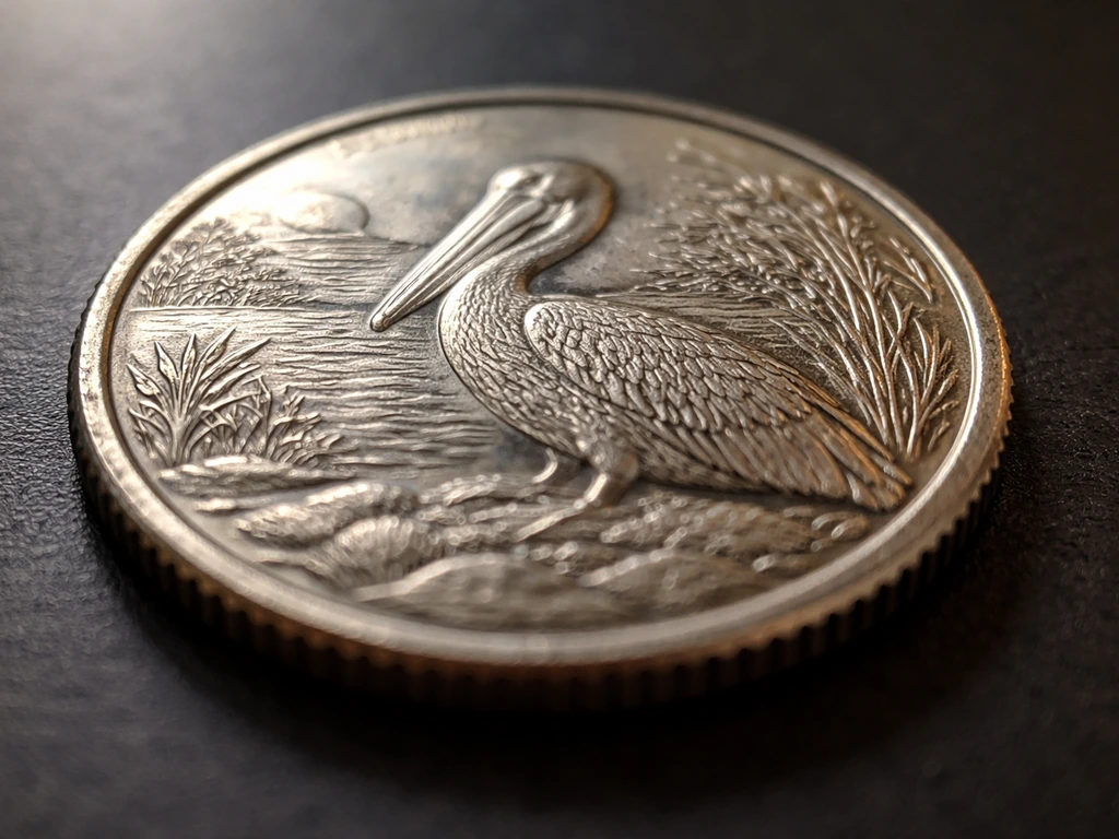 Close-up of a U.S. quarter showing the raised pelican/bird artwork on a dark surface.