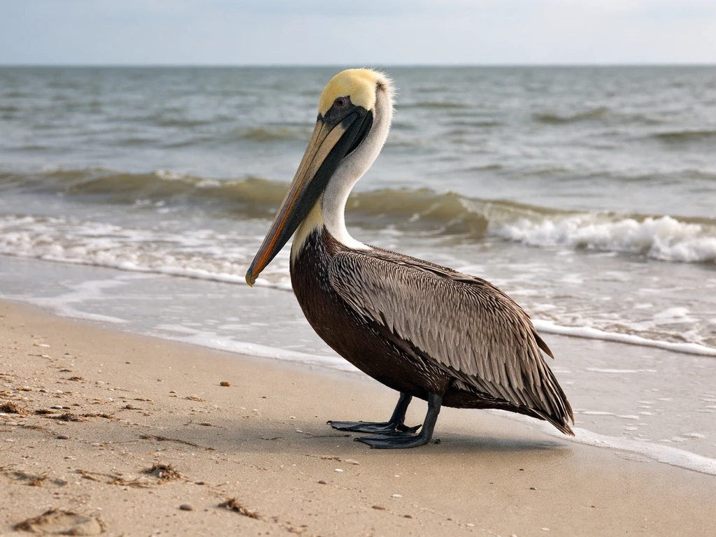Brown pelican standing on a sandy Louisiana beach near gentle ocean waves.