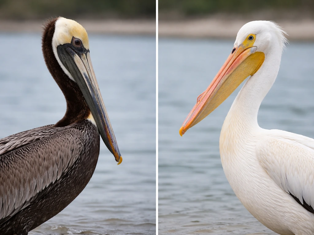 Side-by-side brown pelican and American white pelican showing bill and throat pouch differences.