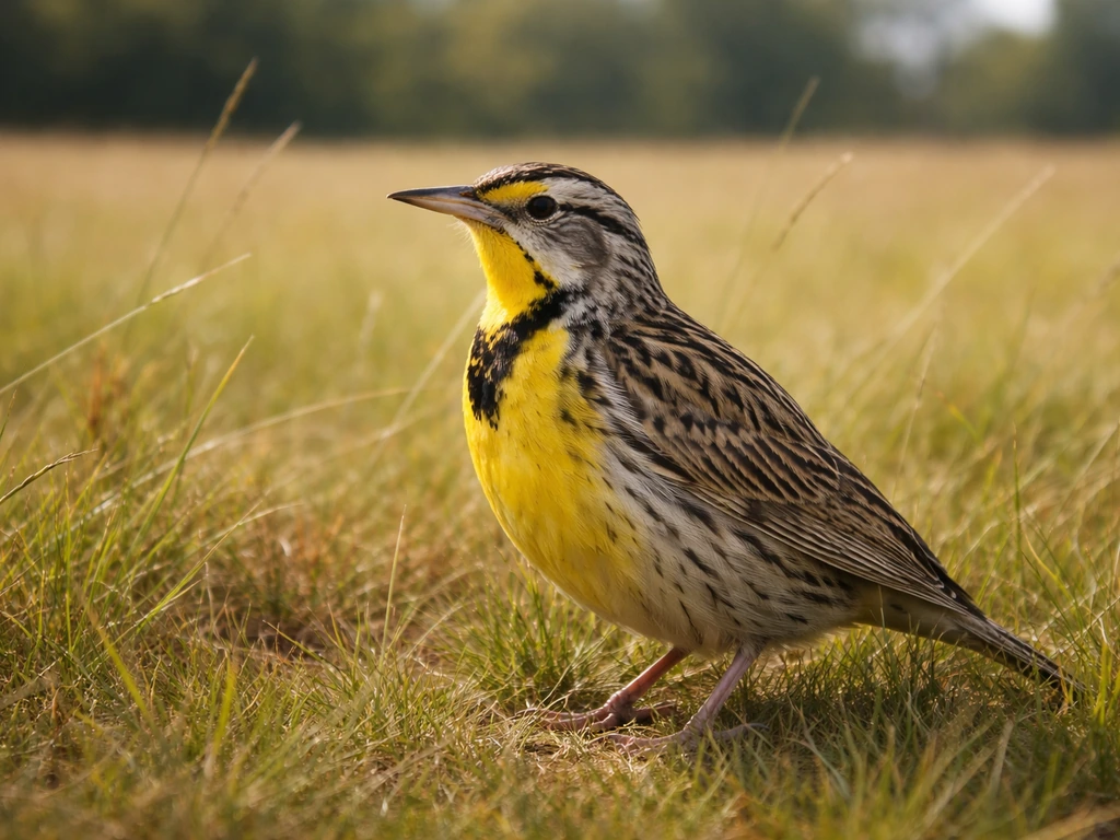 Western Meadowlark perched in an Oregon meadow with grasses and open ground in natural light.