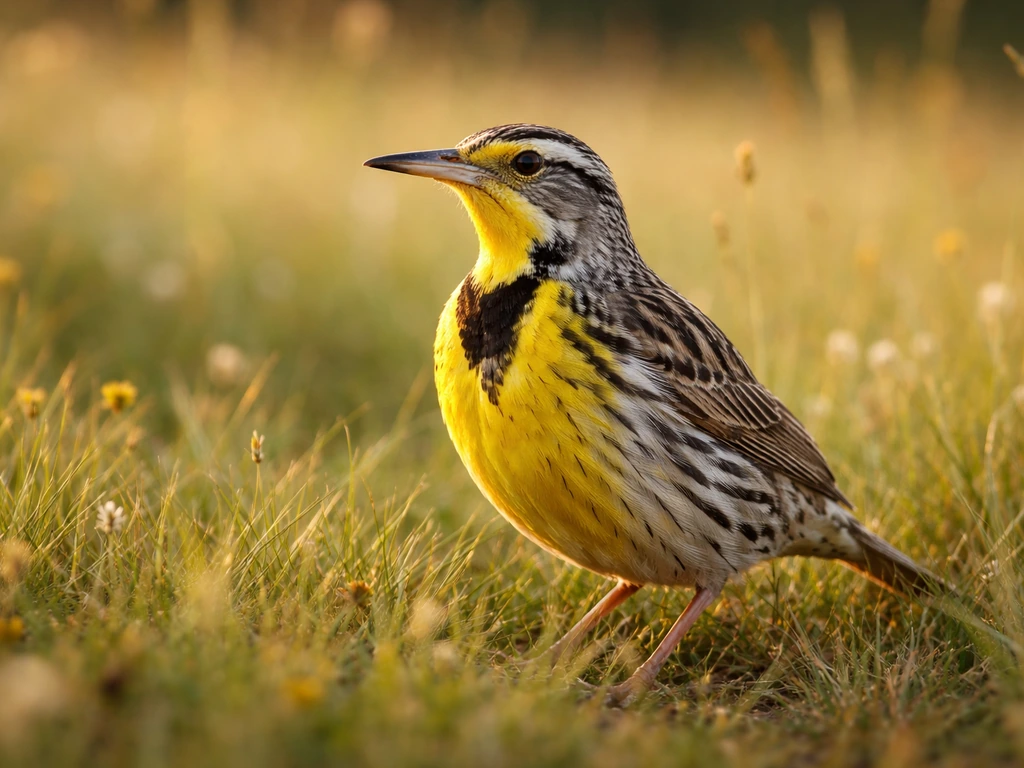 Western meadowlark perched in an Oregon meadow, showing flat head and long slender bill.