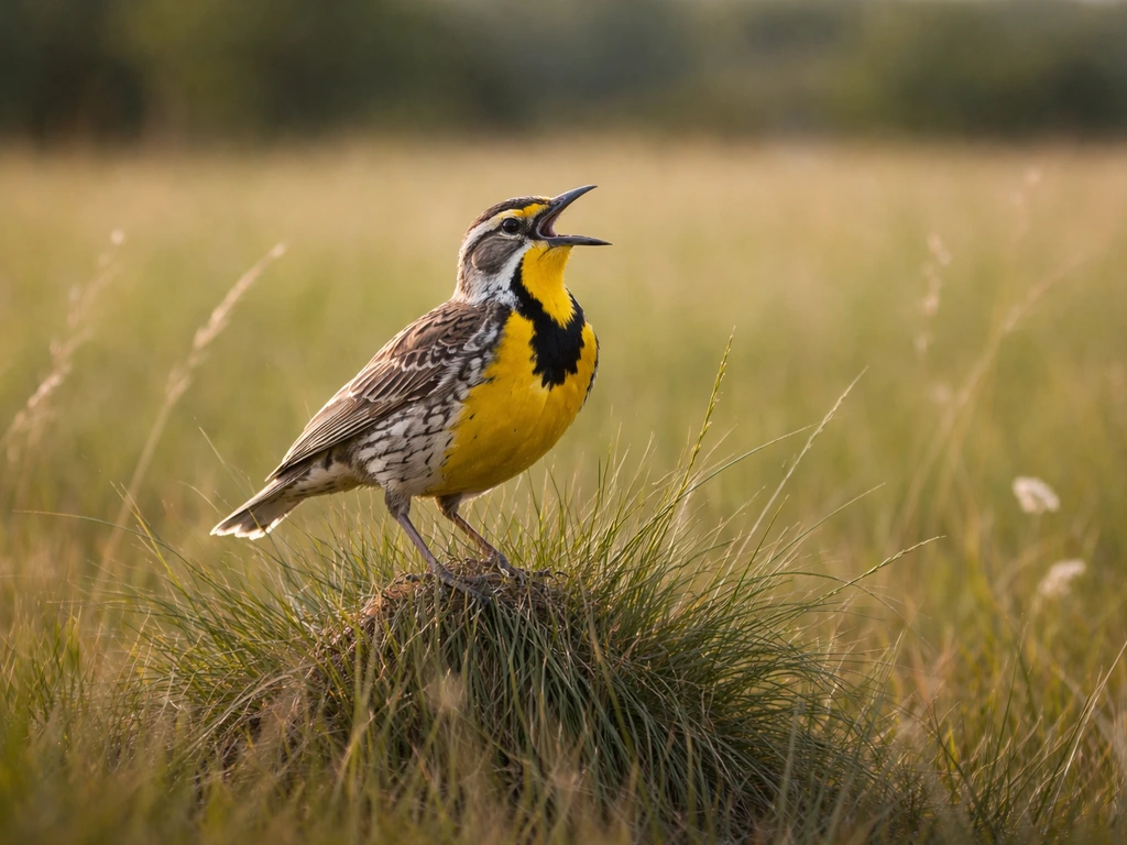 Western Meadowlark perched in prairie grassland, open-mouth singing near farm-meadow plants.