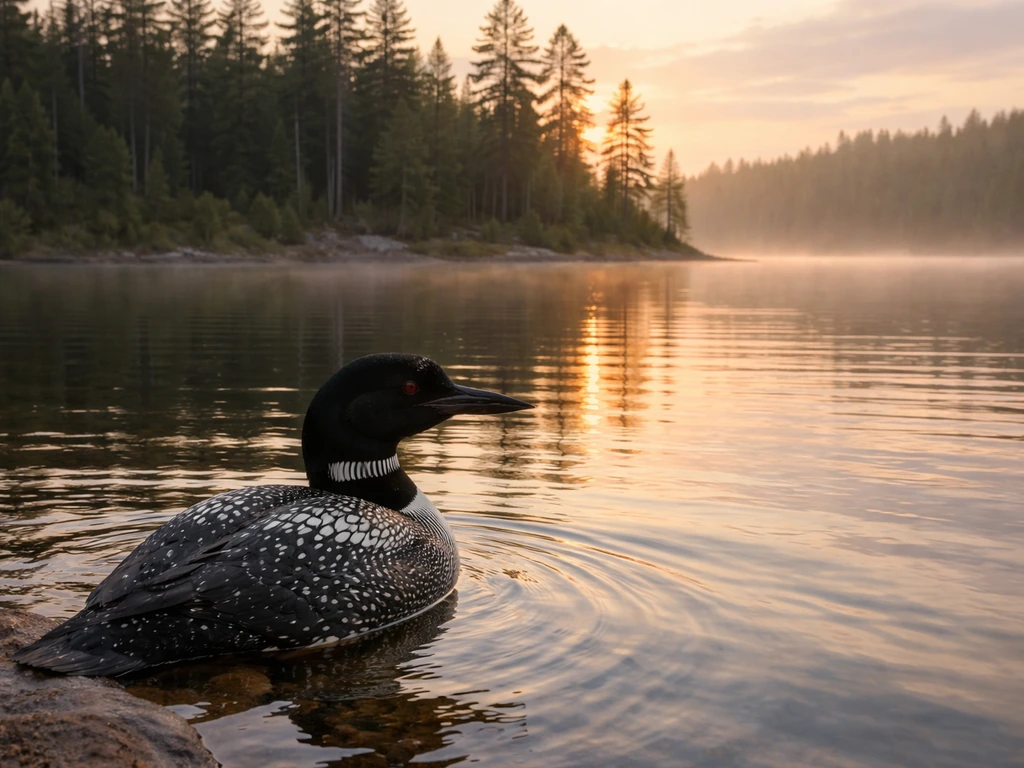 Common loon standing on a calm northern lake with pines and misty wilderness in the background