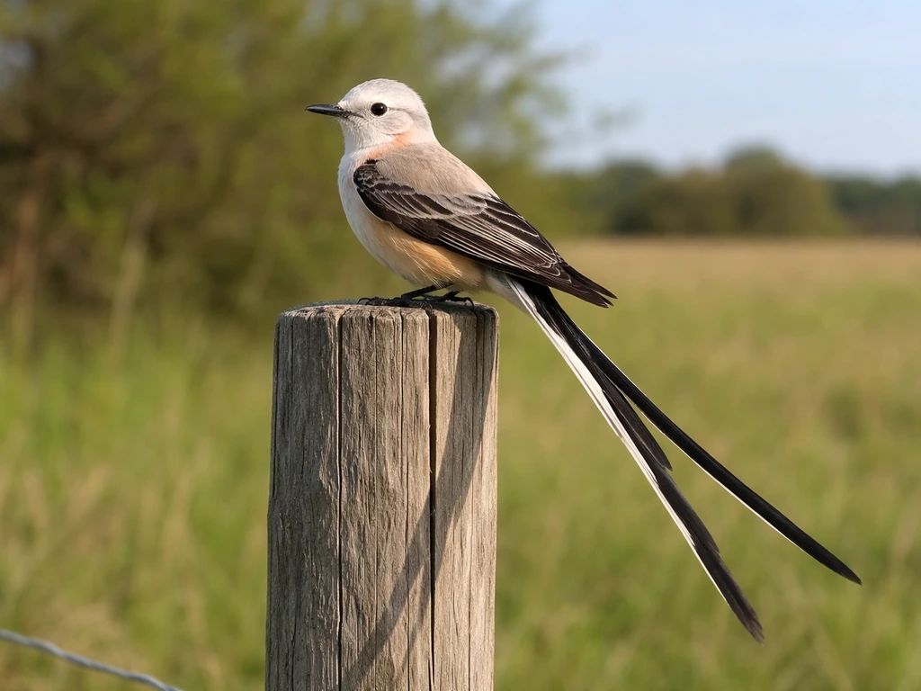 Scissor-tailed flycatcher perched on a fence post, showing slender body, stout bill, and deeply forked tail.