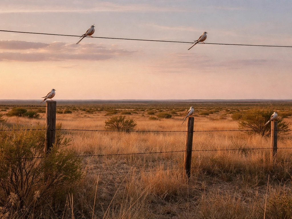 Scissor-tailed flycatchers perched on fence posts and telephone wires over an open Oklahoma prairie