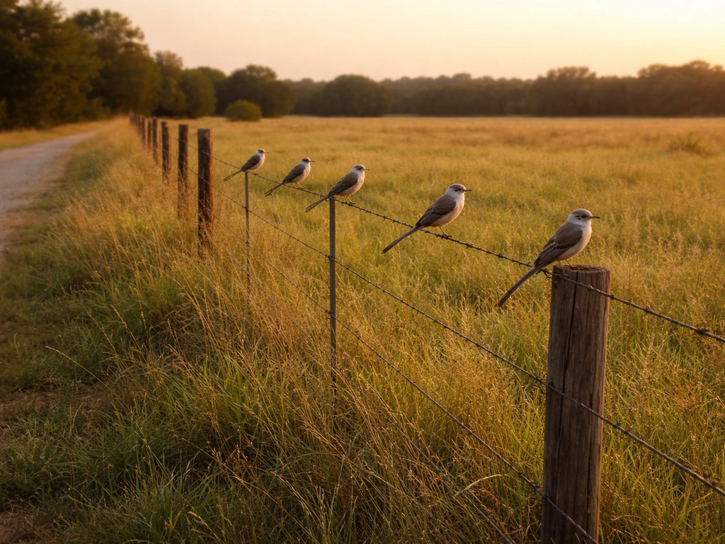 Late-summer scissortails perched on fence wires along a rural Oklahoma road in open country.
