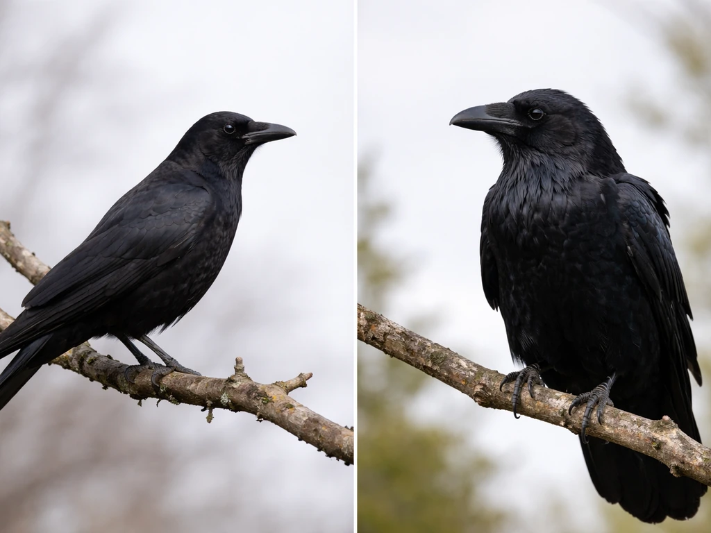 American crow and common raven perched side-by-side with distinct silhouettes against a simple sky.