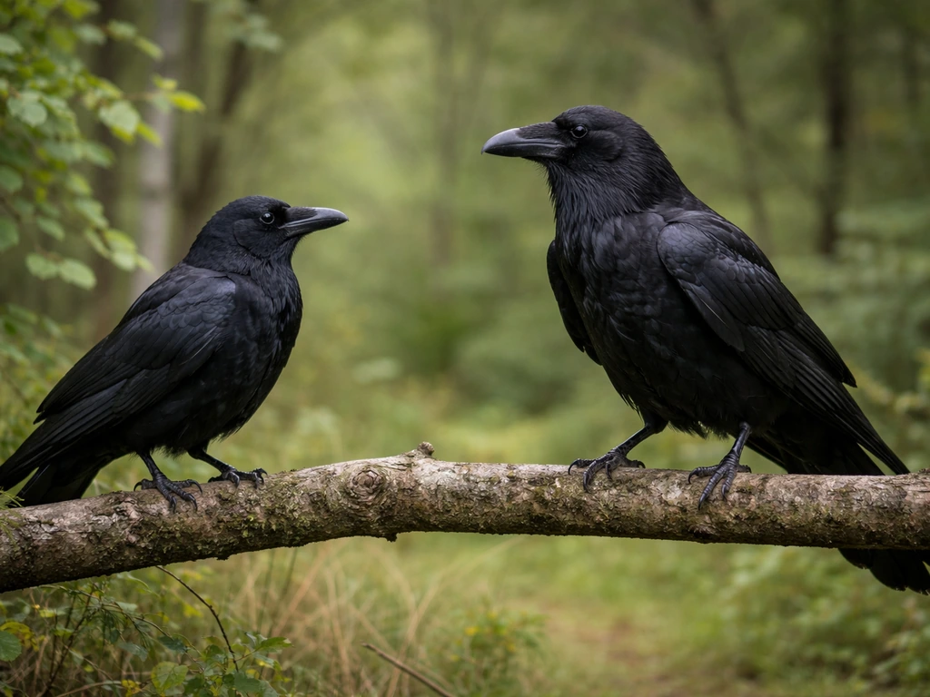 Close-up woodland scene with two black birds perched on a branch, showing different raven vs crow silhouettes.