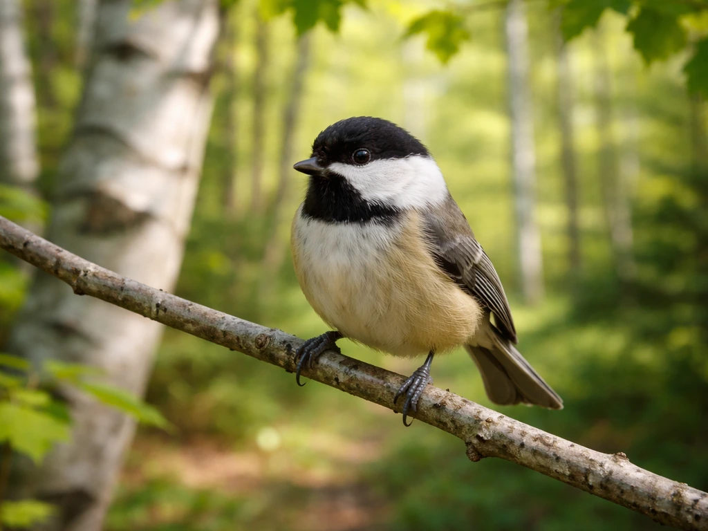 Black-capped chickadee perched on a branch in a birch woodland in Maine, crisp feather detail.