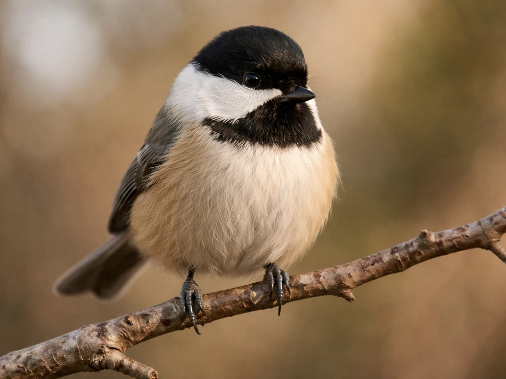Black-capped chickadee perched close-up with visible black cap and white cheeks