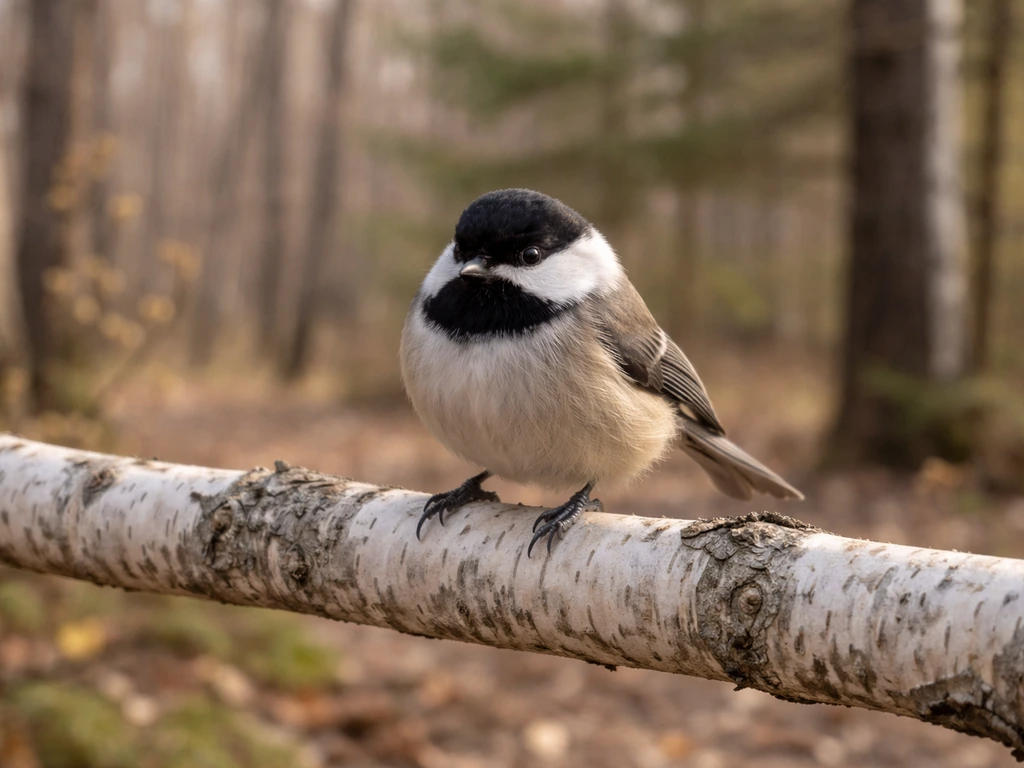 Black-capped chickadee perched on a birch branch at a quiet Maine forest edge