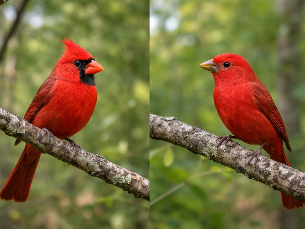 Two red songbirds perched side-by-side: male Northern Cardinal with black facial mask vs a similar red bird.