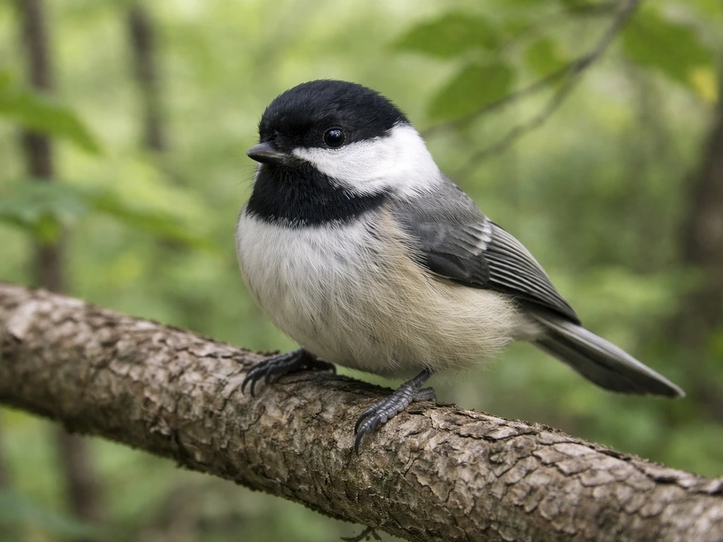 Black-capped chickadee perched on a Massachusetts tree branch, showing black cap and white cheeks