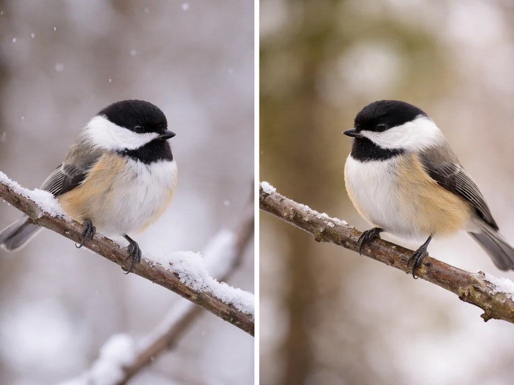 Two black-capped chickadees on snowy branches shown side-by-side for a state-bird comparison