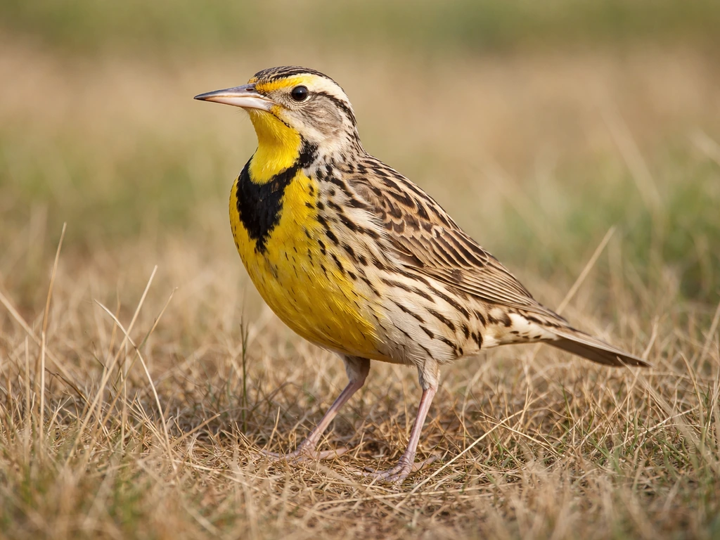Western meadowlark perched on grass, showing bold black “V” on bright yellow breast.