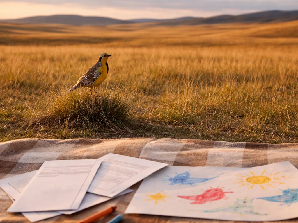 Montana prairie meadow at golden hour with a western meadowlark perched and children’s art-style ballots in foreground.