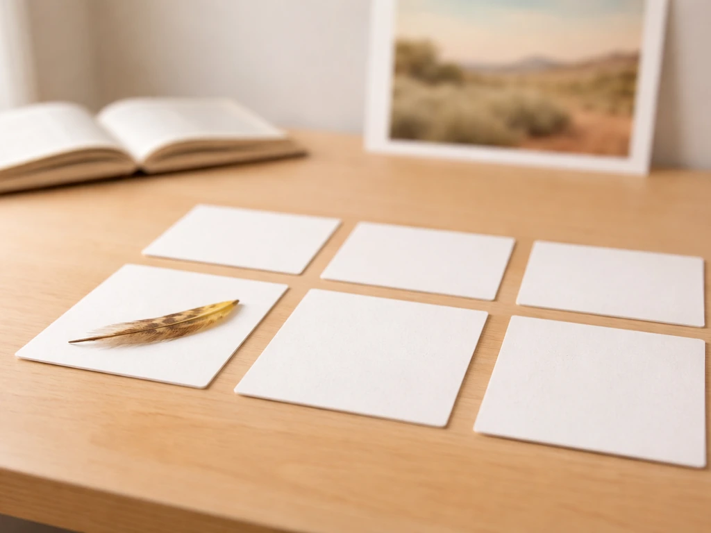 Six blank cards on a wooden desk with one highlighted by a small western meadowlark-like feather.