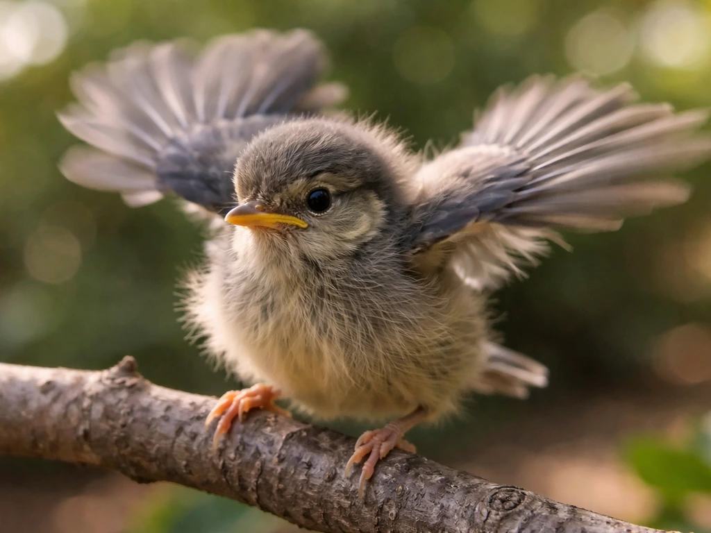 Young fledgling on a branch mid-wing flap outdoors, focused close-up.