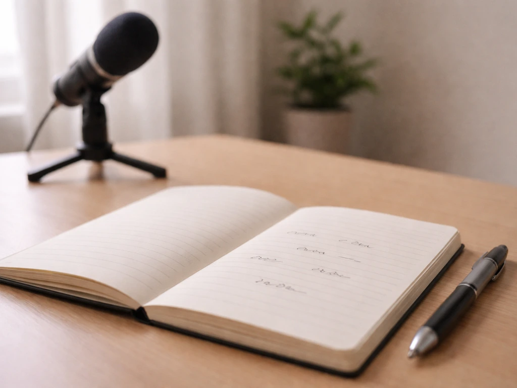 Close-up of a notebook with handwritten Spanish syllables and a pen beside a microphone in soft light