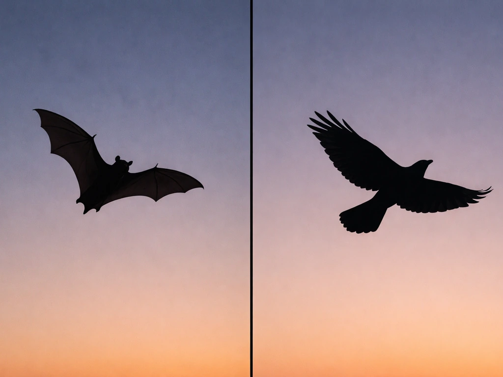 Split twilight silhouettes of a flying bat with clawed wings and a flying bird with feathered wings.