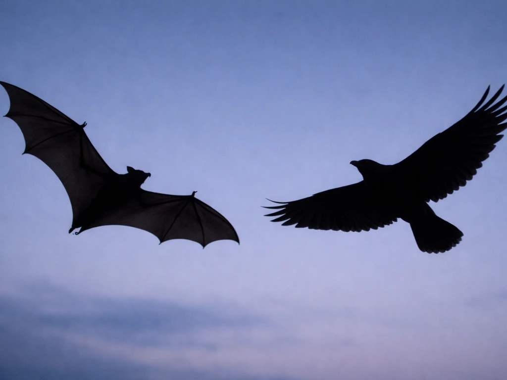 Close-up silhouette of a bat-like wing with long finger silhouettes compared to a simpler bird wing silhouette.